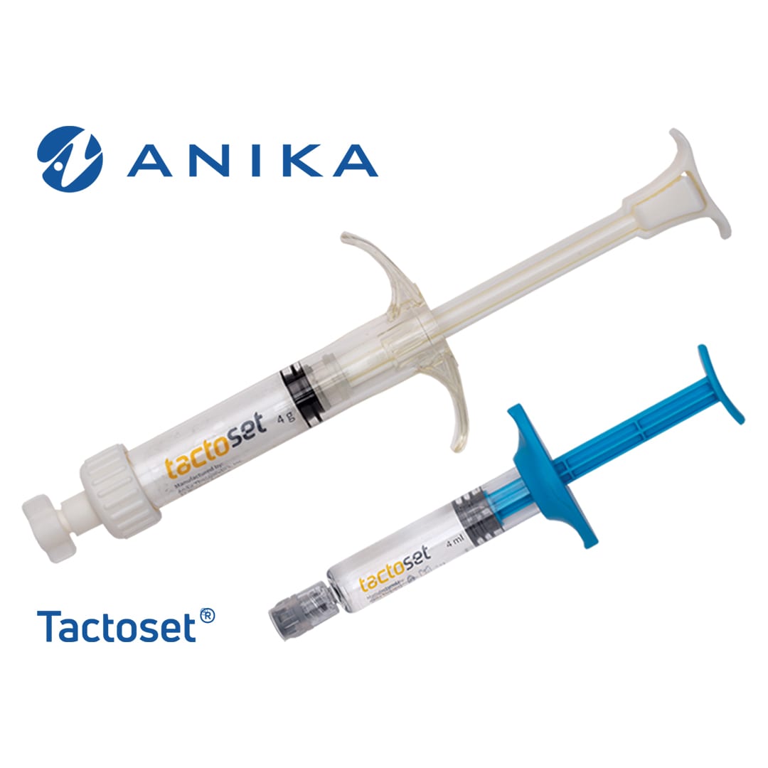 Two Tactoset medical syringes by Anika - one clear/white and one blue - displayed against a white background with company branding.