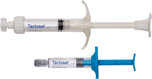 Two Tactoset medical syringes shown from different angles, one clear/white and one with blue components.