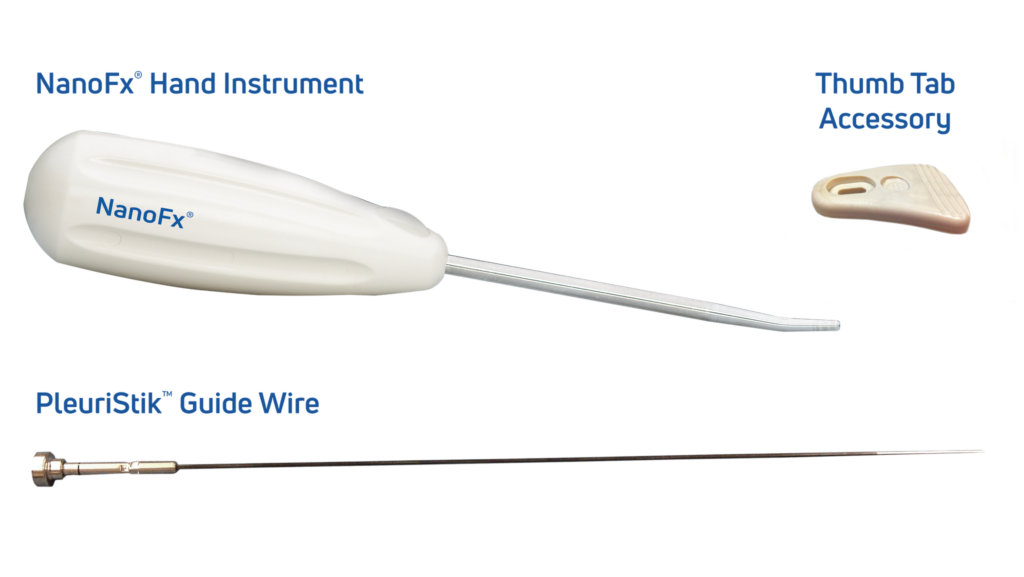 Medical instruments including a handheld device with probe, thumb tab accessory, and PleuriStik guide wire for medical procedures.
