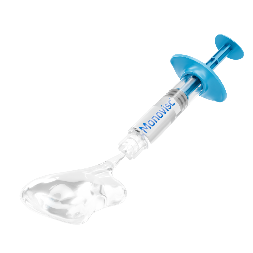 Medical syringe with blue components and "MONOVISC" label, containing clear liquid for injection.
