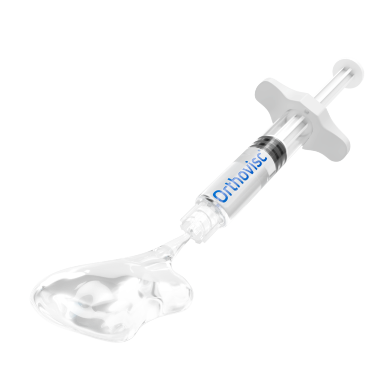 Clear plastic syringe with blue "OrthoVisc" label and attached needle, positioned at an angle against white background.