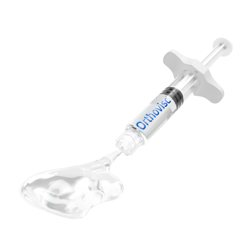 Clear plastic syringe with blue "OrthoVisc" label and attached needle, positioned at an angle against white background.